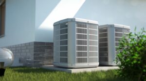 Outdoor heat pump units beside a home.